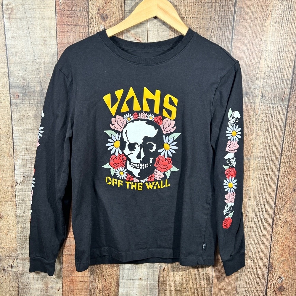 Vans Off The Wall Medium Black Skull Floral Graphic Long Sleeve T-Shirt